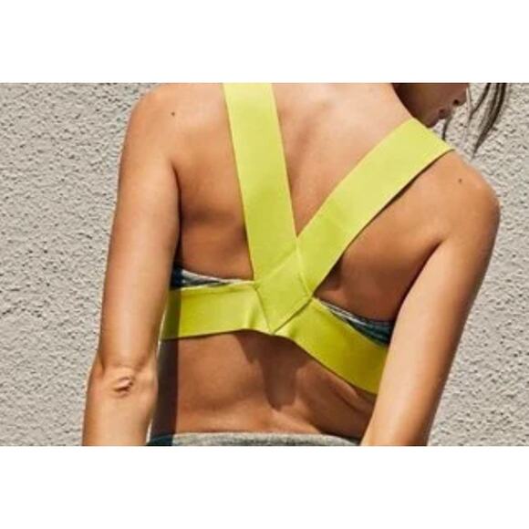 Free People FP Movement Just Breathe Bra Colorblock Heather Olive & Yellow MED - Picture 3 of 6
